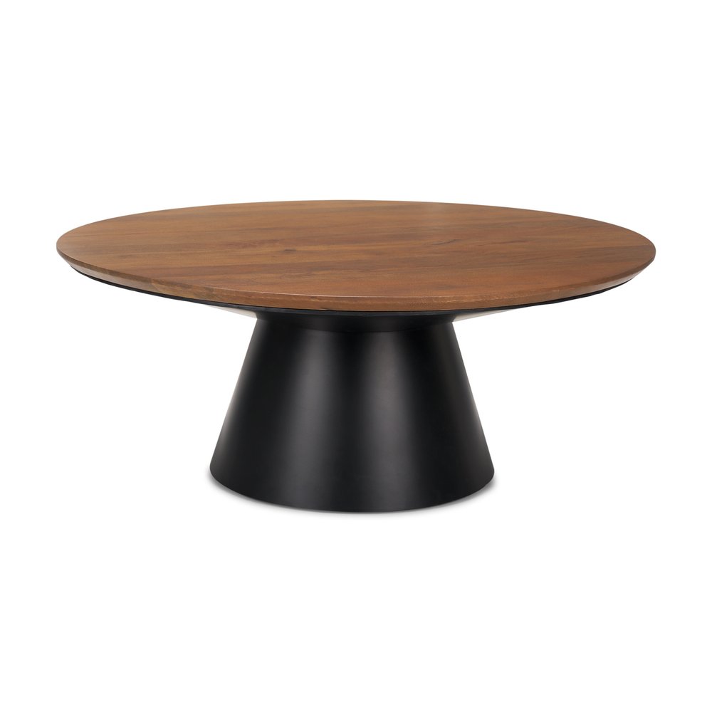 Brown and Black Solid Wood and Iron Round Pedestal Coffee Table