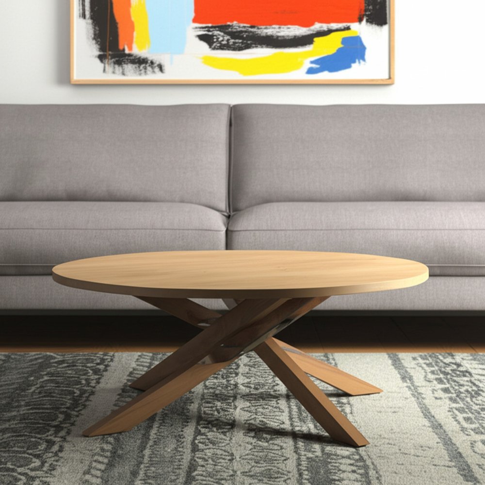 Natural Solid Wood Round Cross Legs Coffee Table - 42-inch