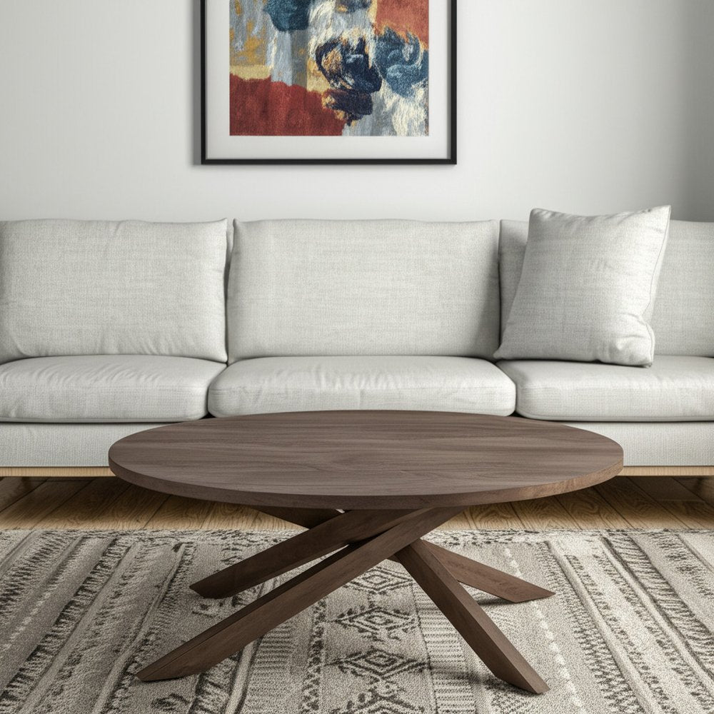 Brown Solid Wood Round Cross Legs Coffee Table - 42-inch