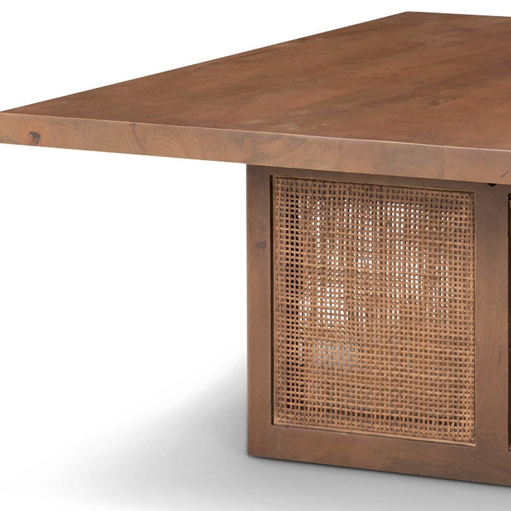 Brown and Natural Solid Wood and Wicker Square Double Pedestal Coffee Table
