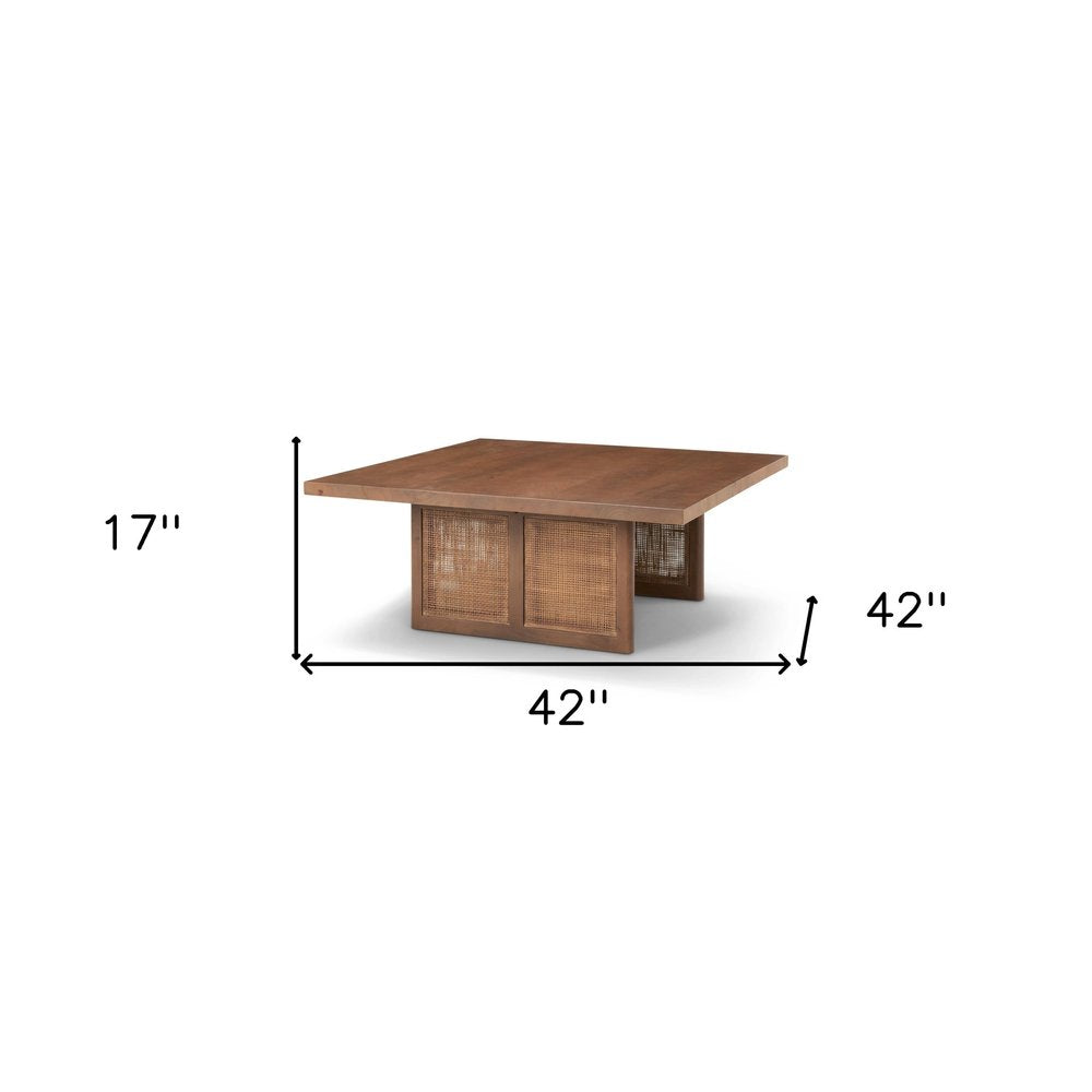 Brown and Natural Solid Wood and Wicker Square Double Pedestal Coffee Table