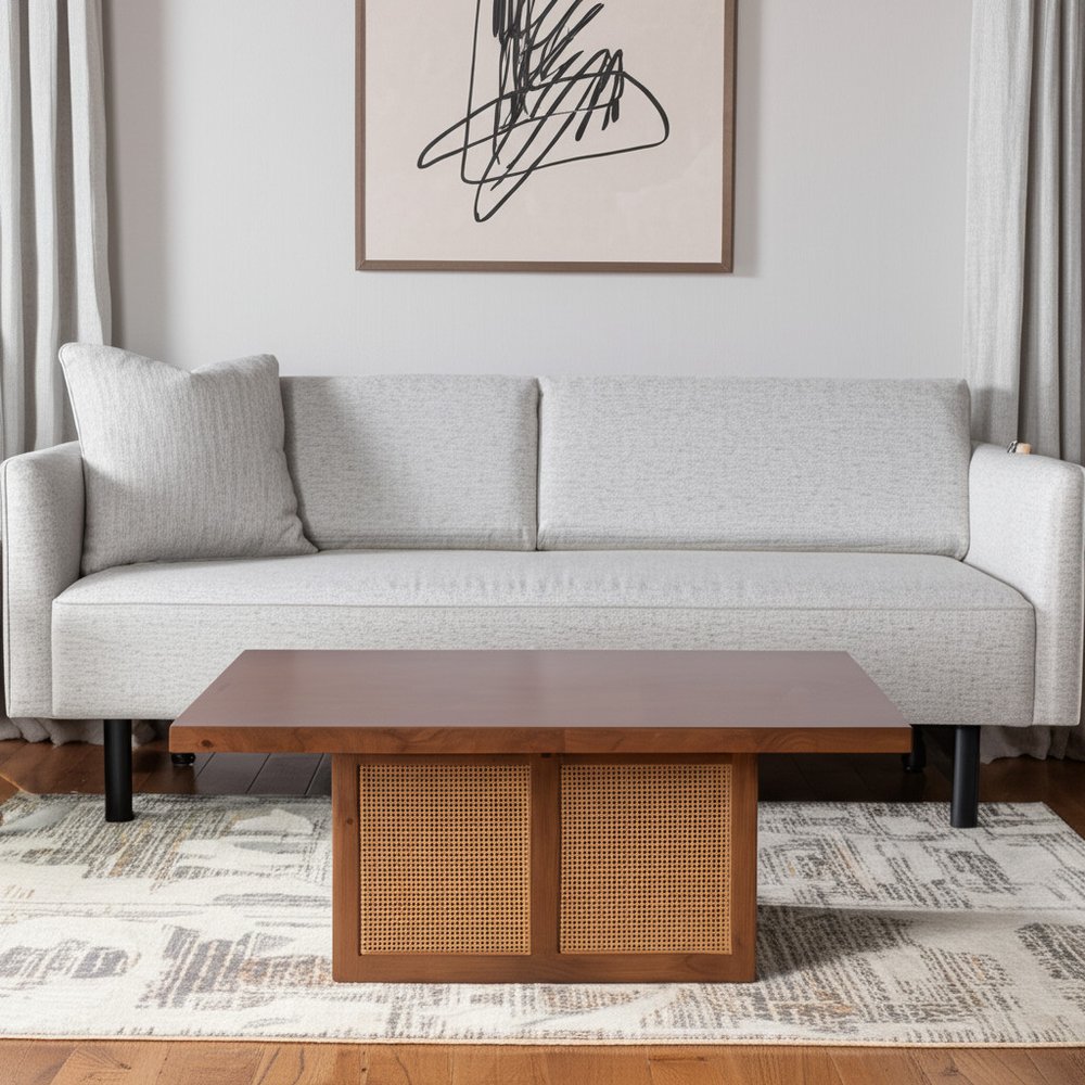 Brown and Natural Solid Wood and Wicker Square Double Pedestal Coffee Table