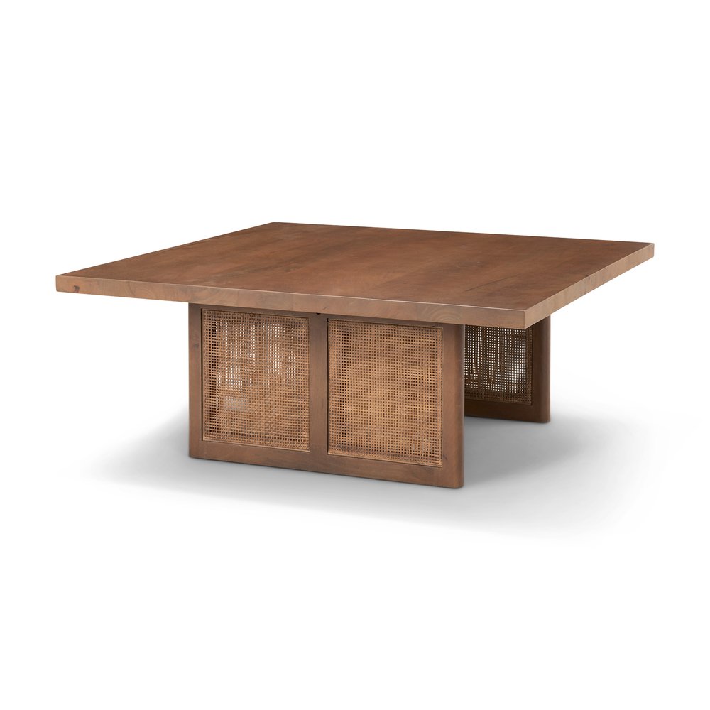 Brown and Natural Solid Wood and Wicker Square Double Pedestal Coffee Table