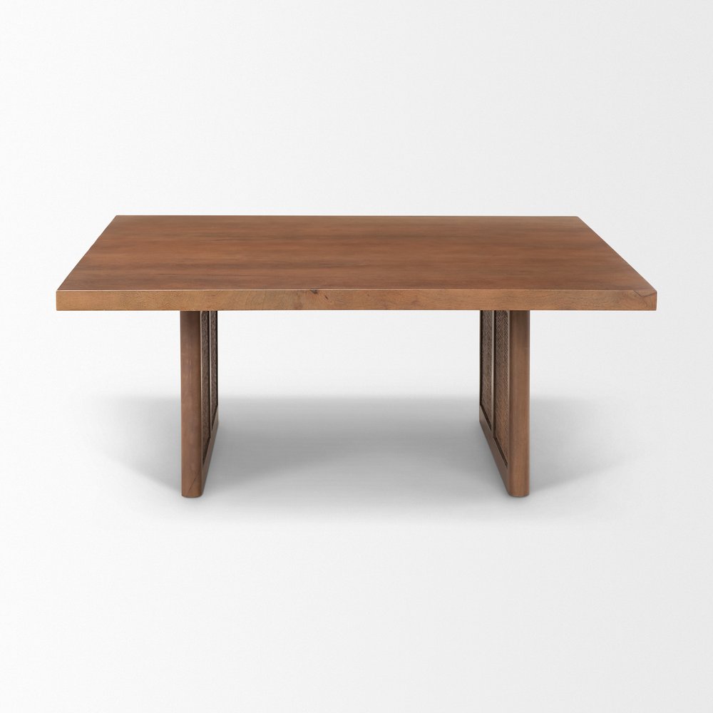 Brown and Natural Solid Wood and Wicker Square Double Pedestal Coffee Table