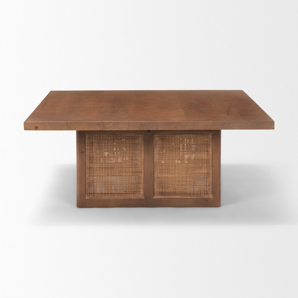 Brown and Natural Solid Wood and Wicker Square Double Pedestal Coffee Table