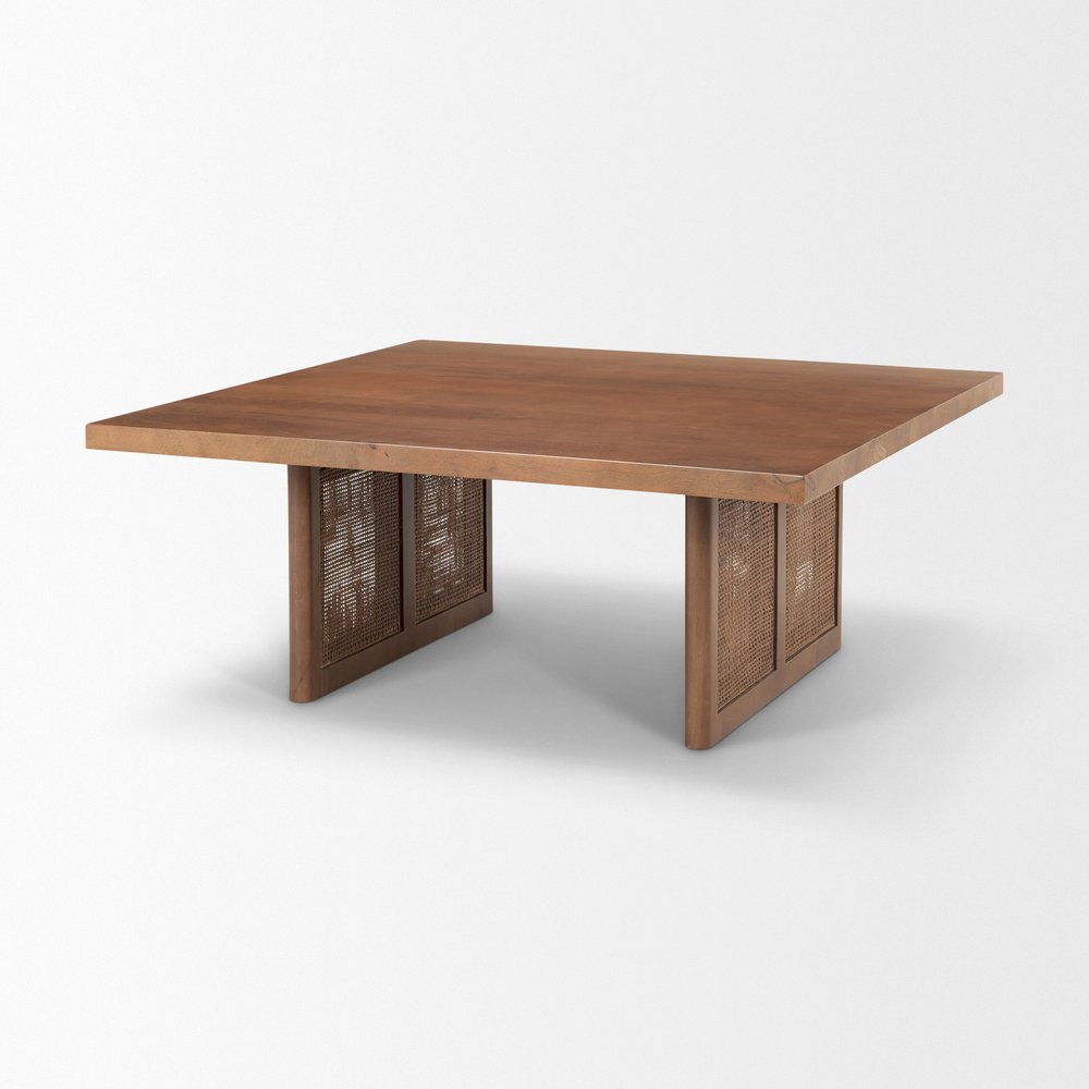 Brown and Natural Solid Wood and Wicker Square Double Pedestal Coffee Table