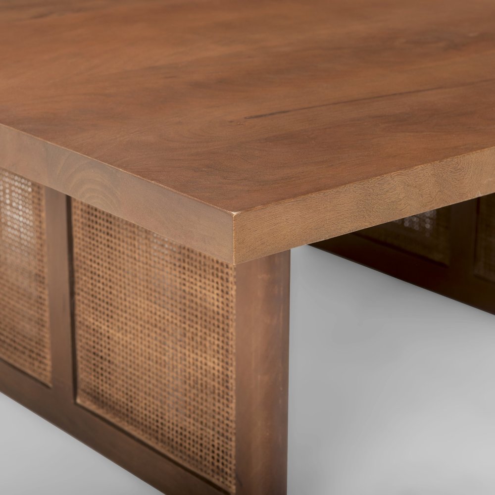 Brown and Natural Solid Wood and Wicker Square Double Pedestal Coffee Table