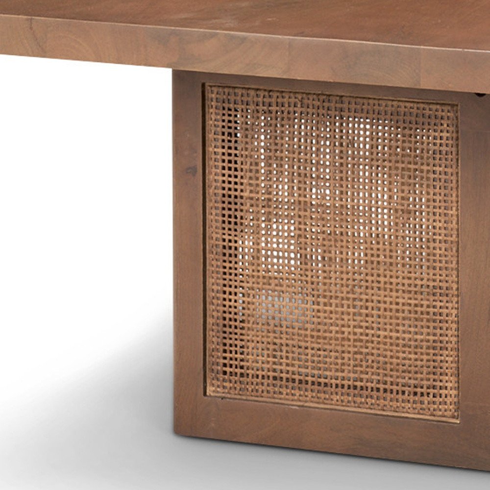 Brown and Natural Solid Wood and Wicker Square Double Pedestal Coffee Table