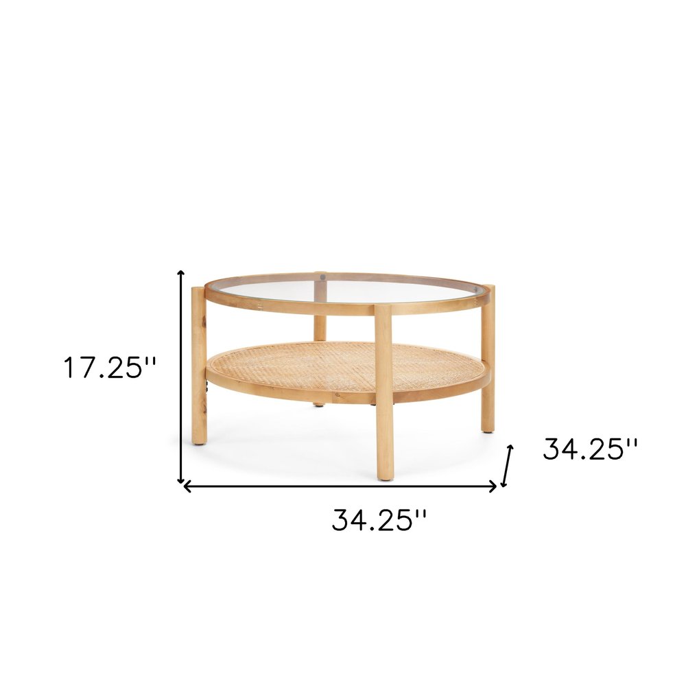 Clear and Natural Glass and Solid Wood Round Coffee Table with Shelf