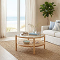 Clear and Natural Glass and Solid Wood Round Coffee Table with Shelf