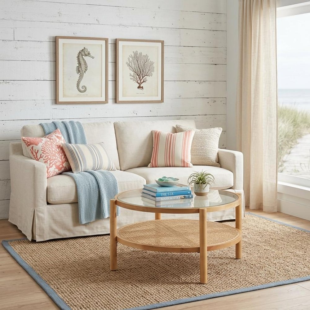 Clear and Natural Glass and Solid Wood Round Coffee Table with Shelf