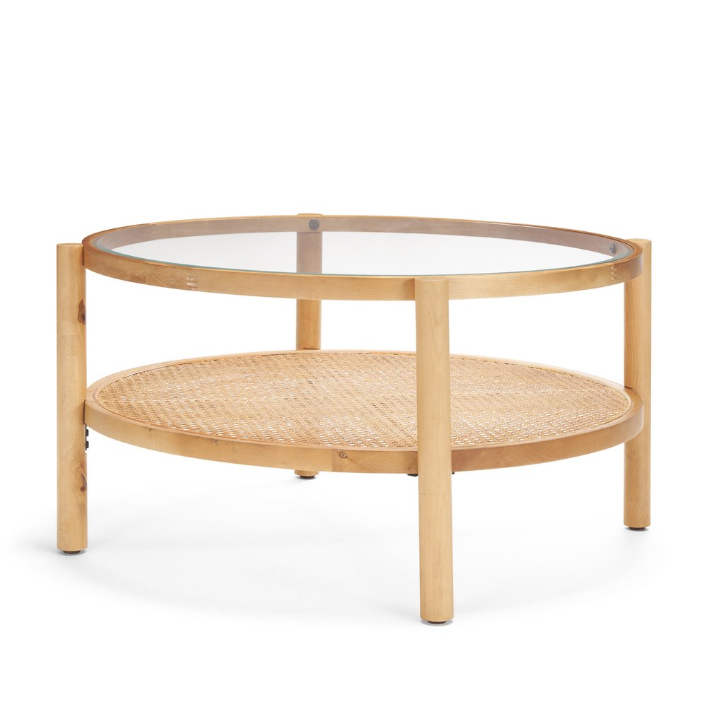 Clear and Natural Glass and Solid Wood Round Coffee Table with Shelf