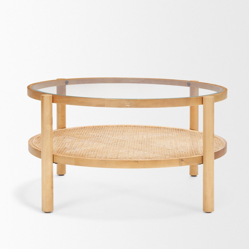 Clear and Natural Glass and Solid Wood Round Coffee Table with Shelf