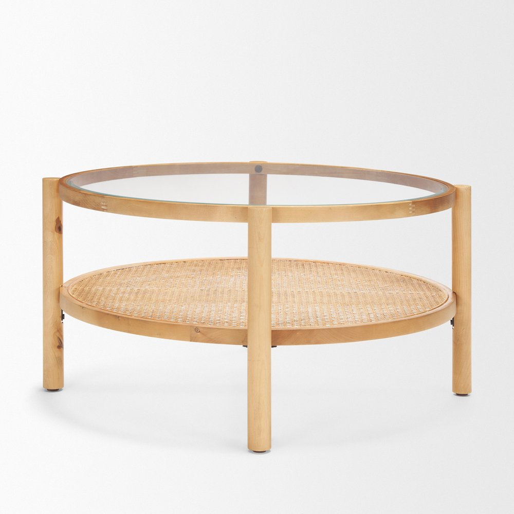 Clear and Natural Glass and Solid Wood Round Coffee Table with Shelf
