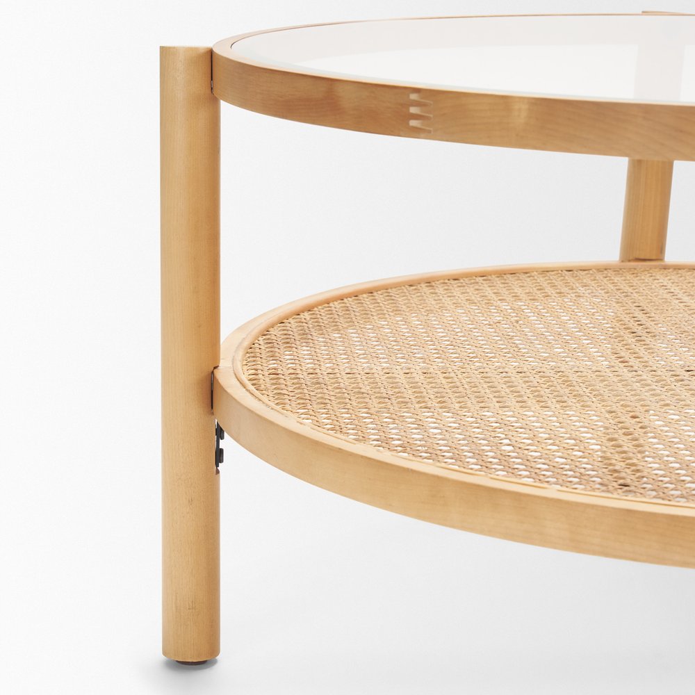 Clear and Natural Glass and Solid Wood Round Coffee Table with Shelf