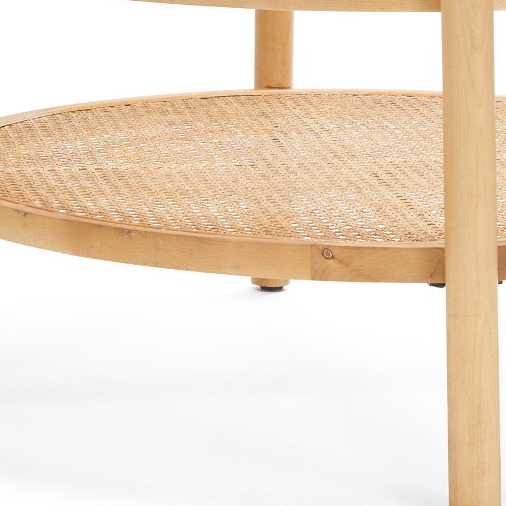 Clear and Natural Glass and Solid Wood Round Coffee Table with Shelf
