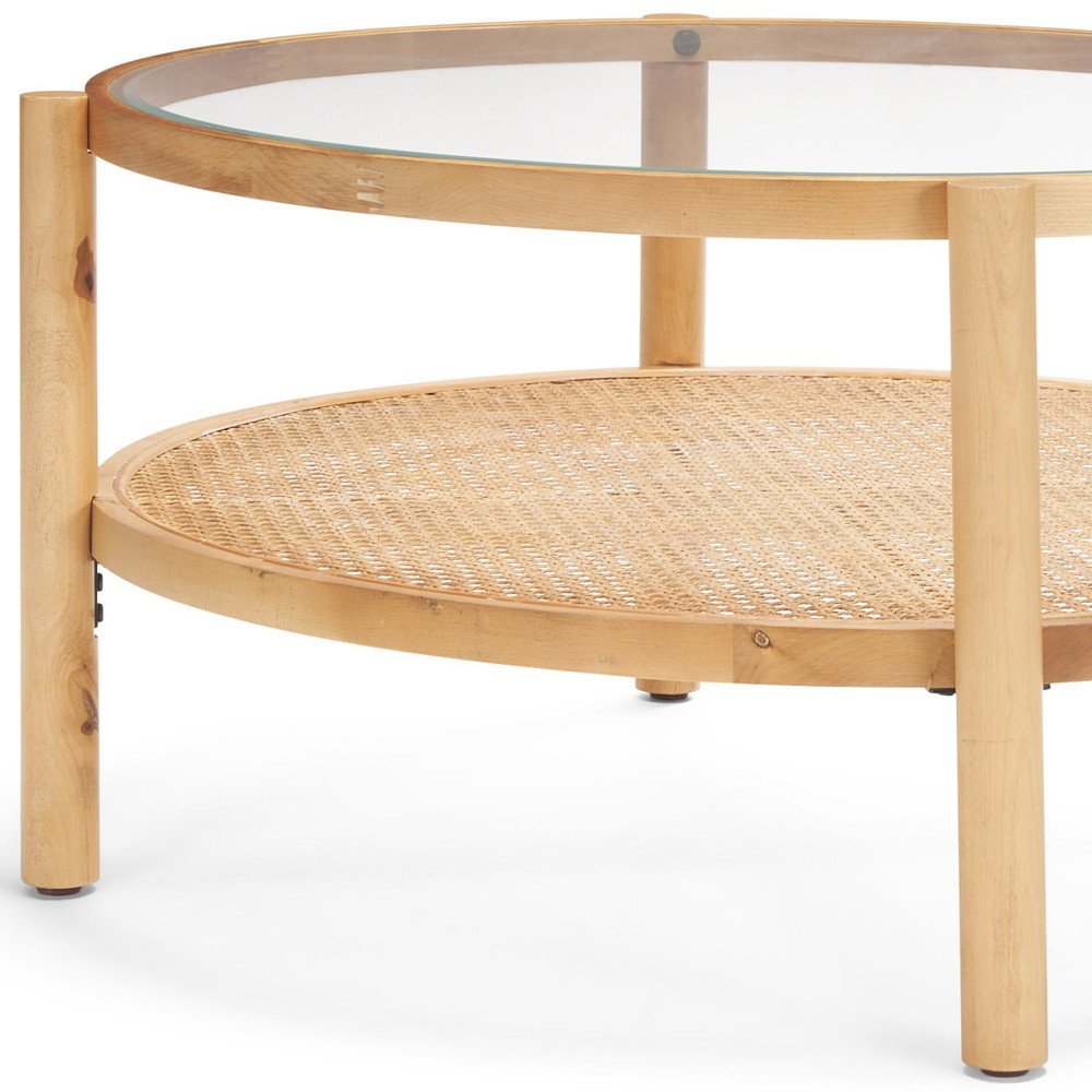Clear and Natural Glass and Solid Wood Round Coffee Table with Shelf