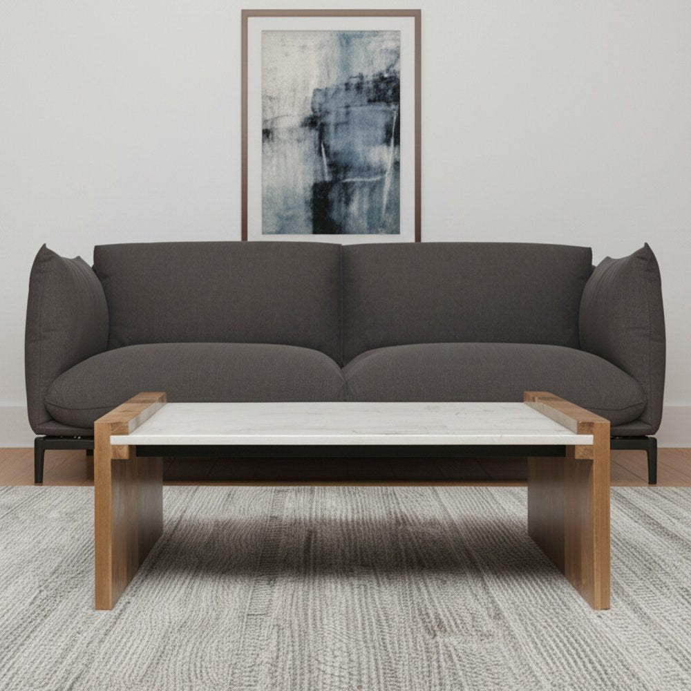 Natural and White Solid Wood and Genuine Marble Coffee Table - 48-inch