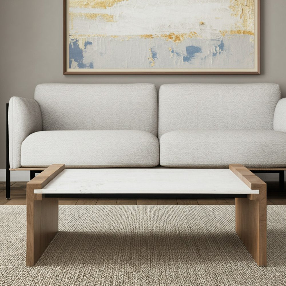 Natural and White Solid Wood and Genuine Marble Coffee Table - 48-inch