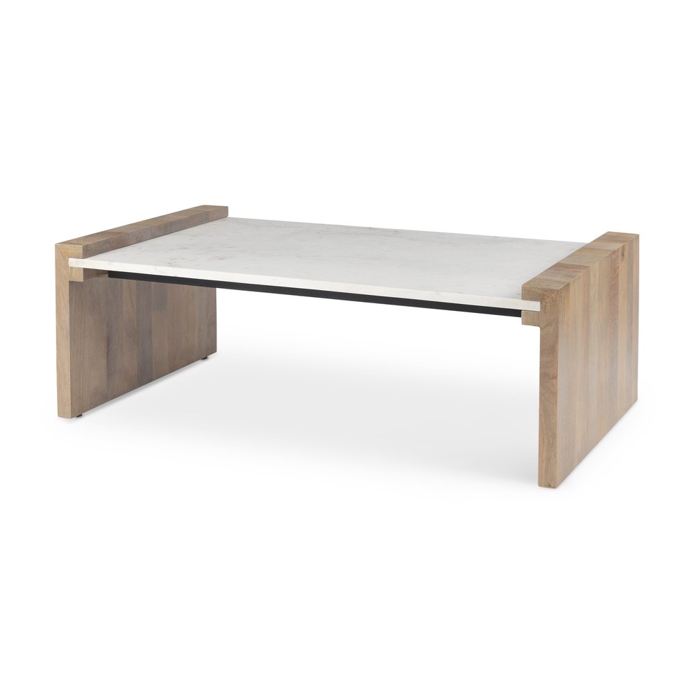Natural and White Solid Wood and Genuine Marble Coffee Table - 48-inch