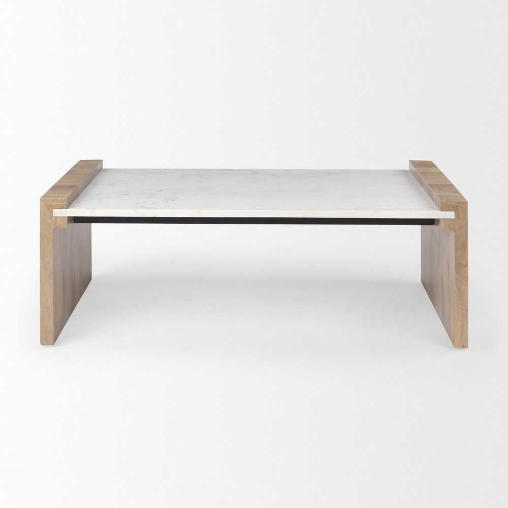 Natural and White Solid Wood and Genuine Marble Coffee Table - 48-inch