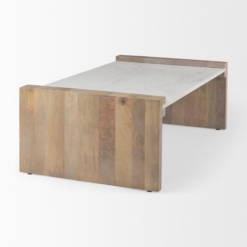 Natural and White Solid Wood and Genuine Marble Coffee Table - 48-inch