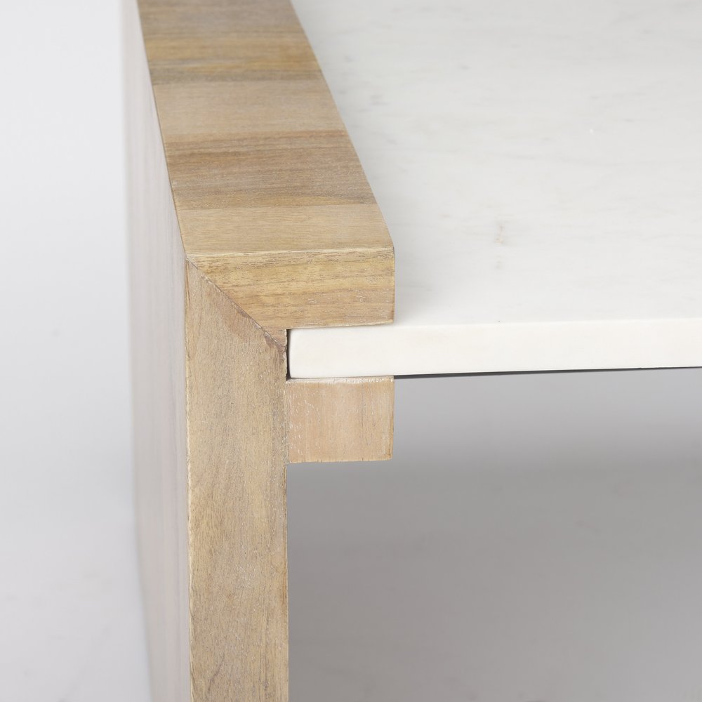 Natural and White Solid Wood and Genuine Marble Coffee Table - 48-inch