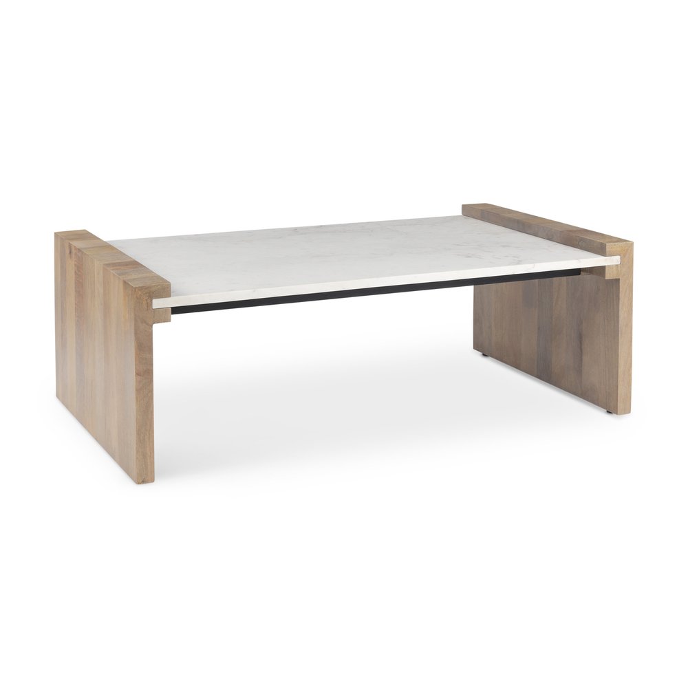 Natural and White Solid Wood and Genuine Marble Coffee Table - 48-inch