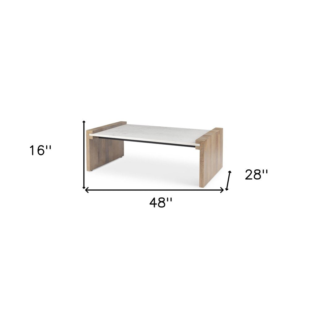 Natural and White Solid Wood and Genuine Marble Coffee Table - 48-inch