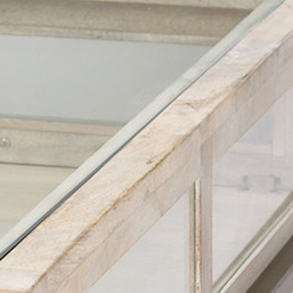 Off White Clear and Gold Solid Wood Glass and Iron Storage Coffee Table