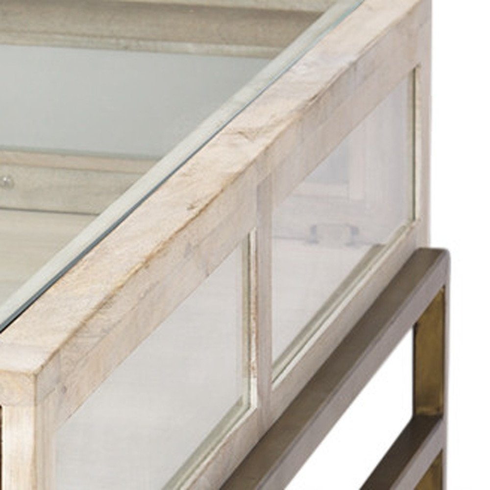 Off White Clear and Gold Solid Wood Glass and Iron Storage Coffee Table
