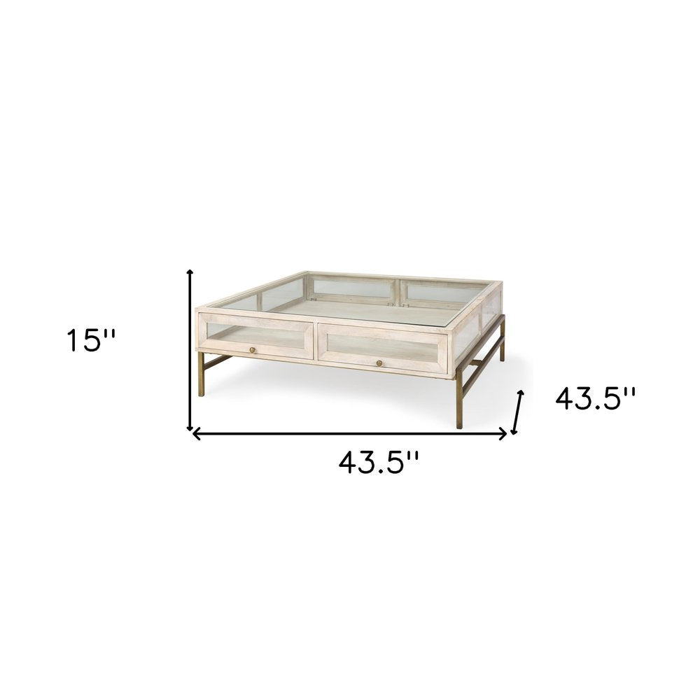 Off White Clear and Gold Solid Wood Glass and Iron Storage Coffee Table