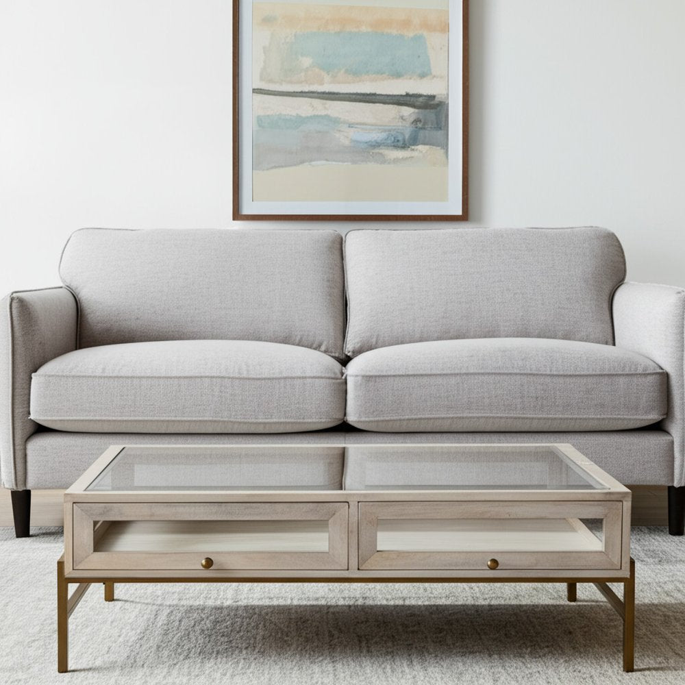 Off White Clear and Gold Solid Wood Glass and Iron Storage Coffee Table