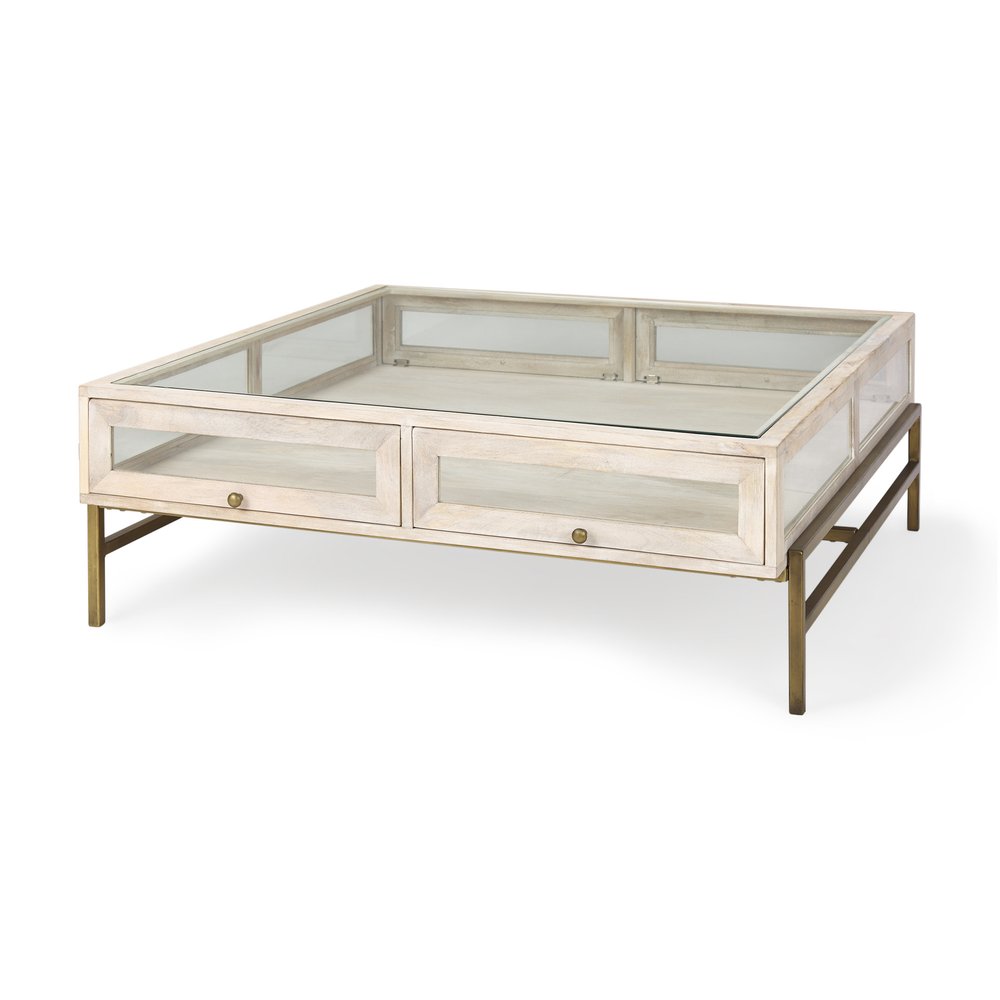 Off White Clear and Gold Solid Wood Glass and Iron Storage Coffee Table