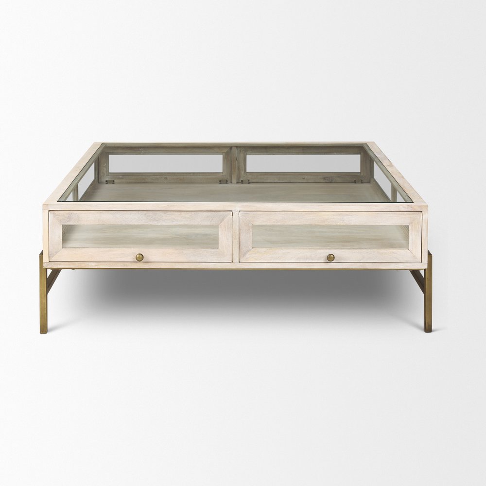 Off White Clear and Gold Solid Wood Glass and Iron Storage Coffee Table