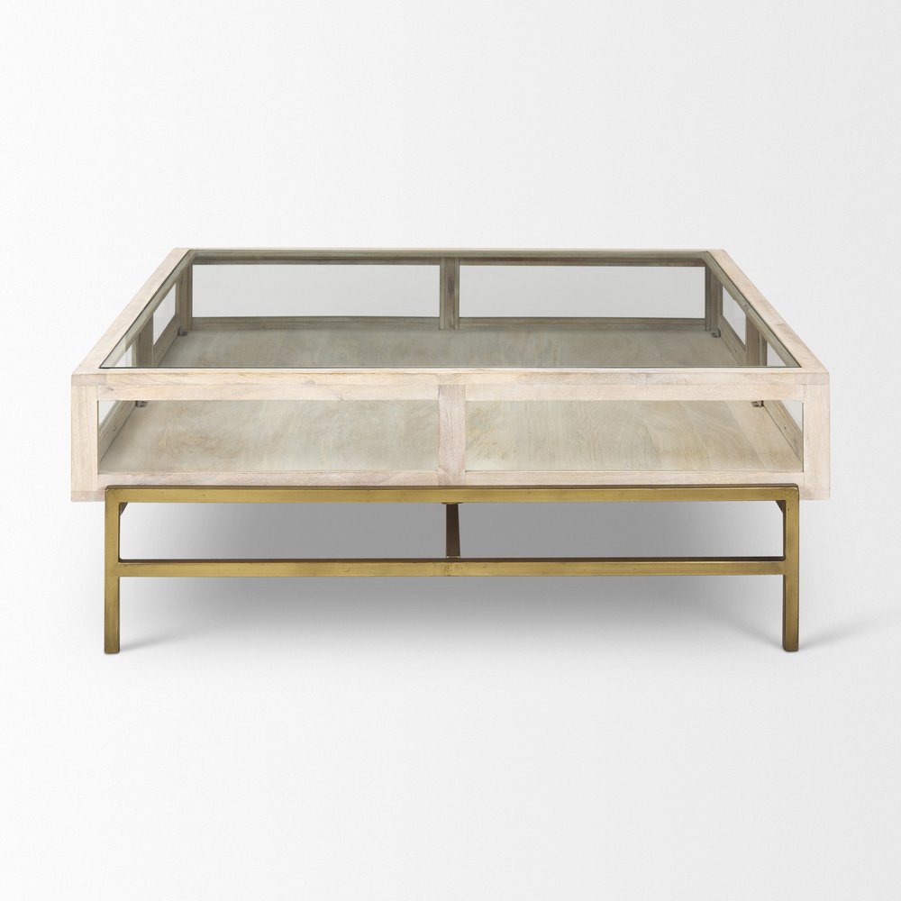 Off White Clear and Gold Solid Wood Glass and Iron Storage Coffee Table