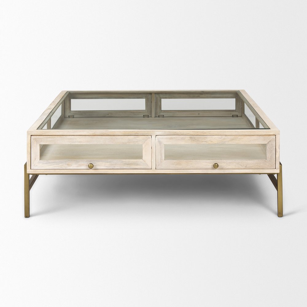 Off White Clear and Gold Solid Wood Glass and Iron Storage Coffee Table