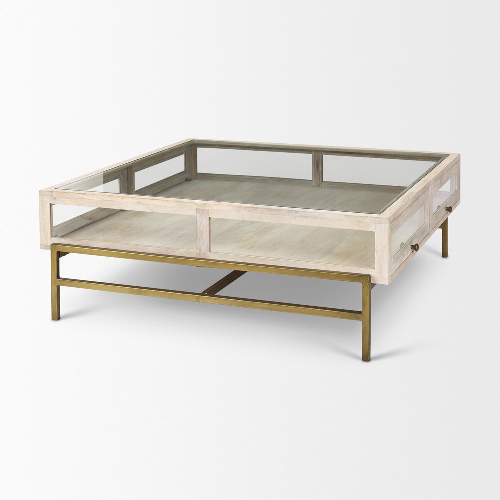 Off White Clear and Gold Solid Wood Glass and Iron Storage Coffee Table