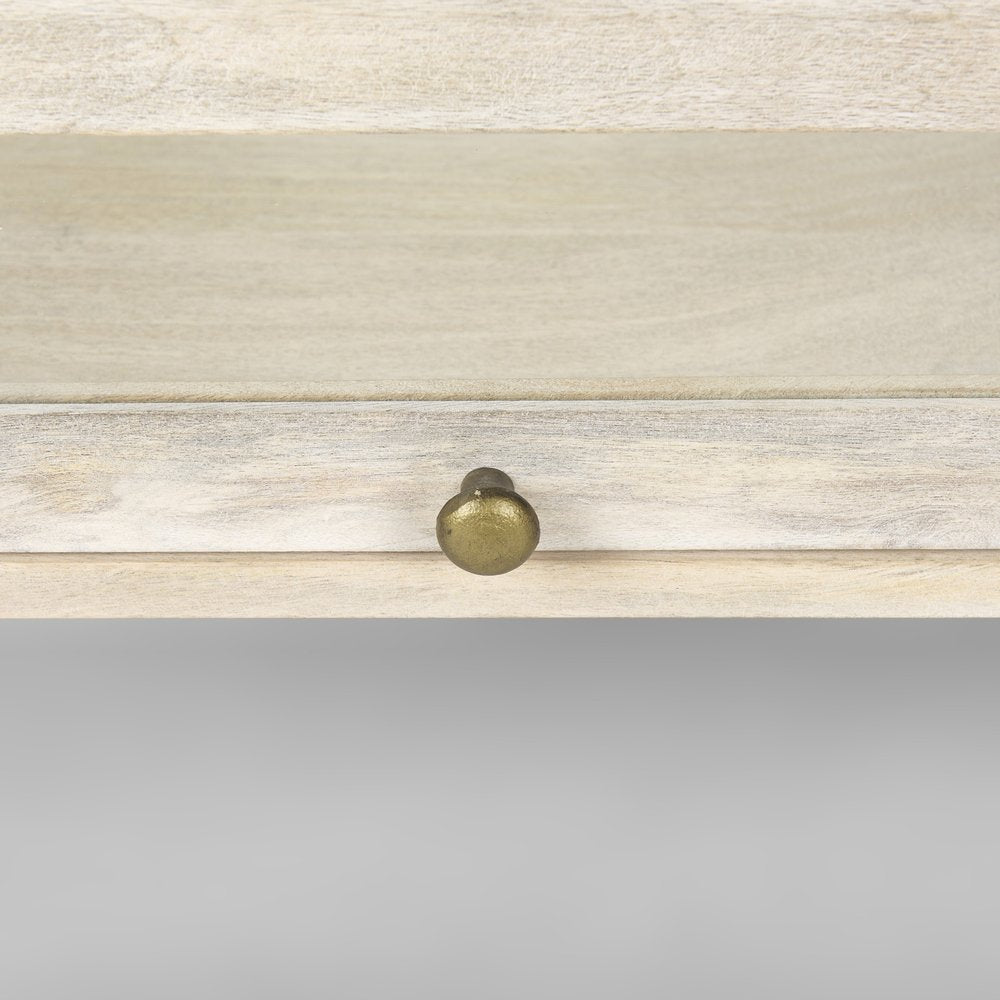 Off White Clear and Gold Solid Wood Glass and Iron Storage Coffee Table