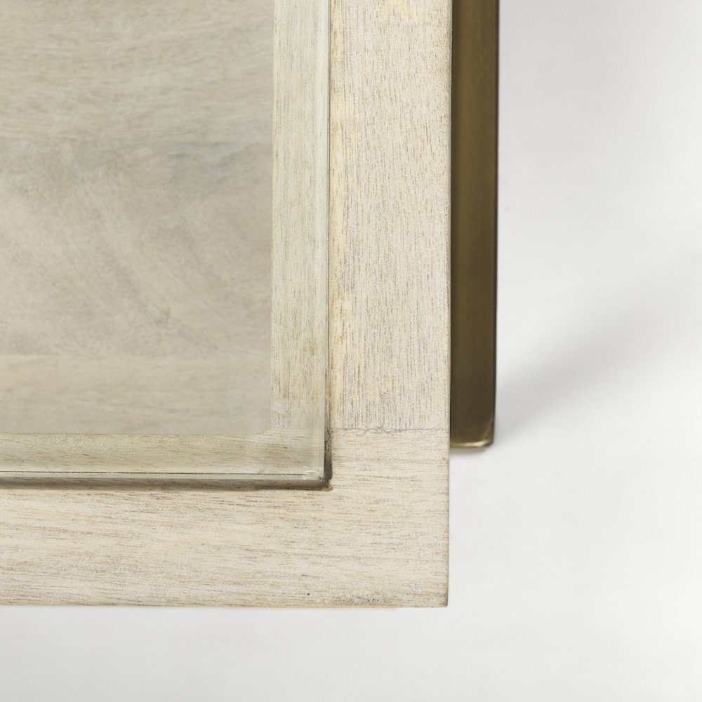 Off White Clear and Gold Solid Wood Glass and Iron Storage Coffee Table
