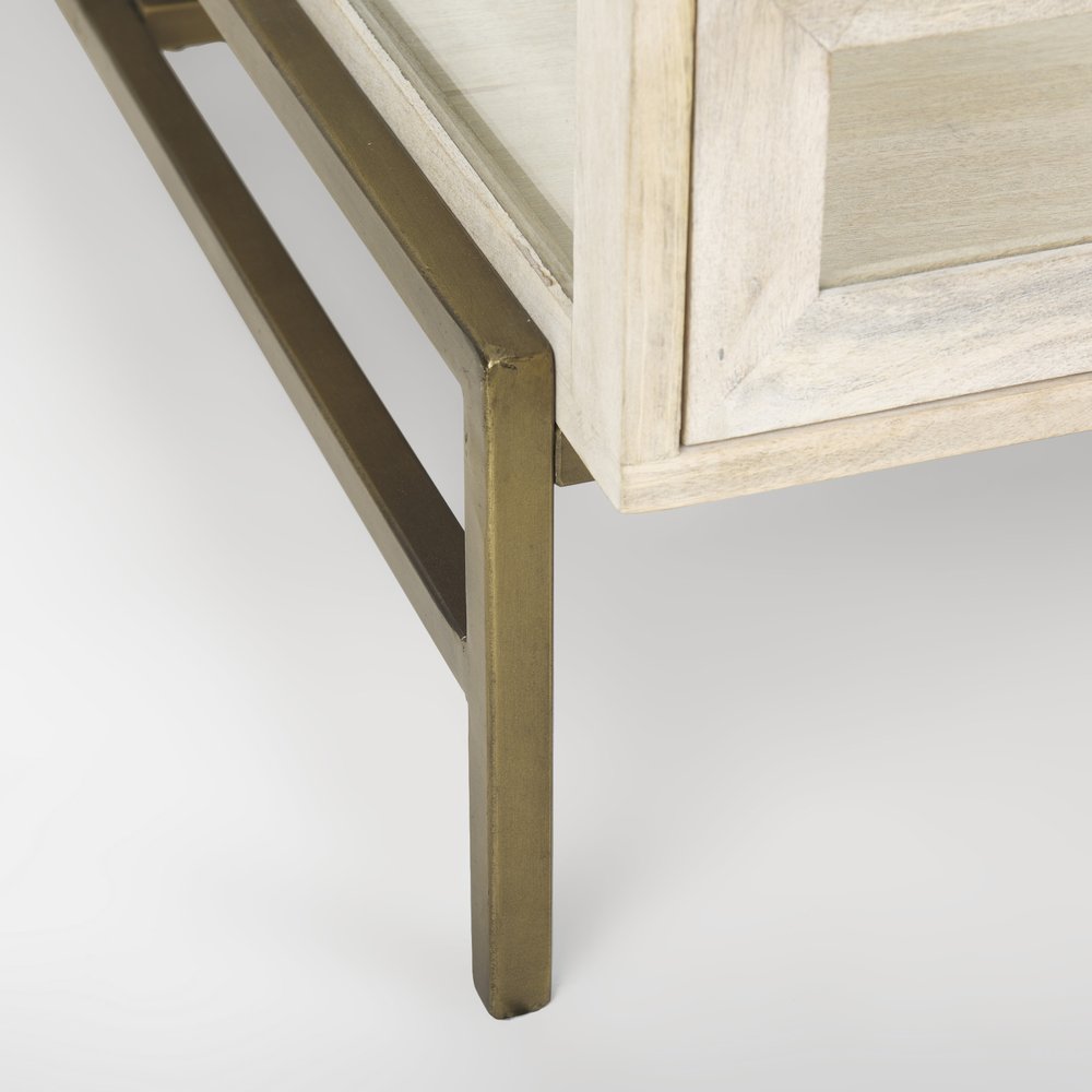 Off White Clear and Gold Solid Wood Glass and Iron Storage Coffee Table