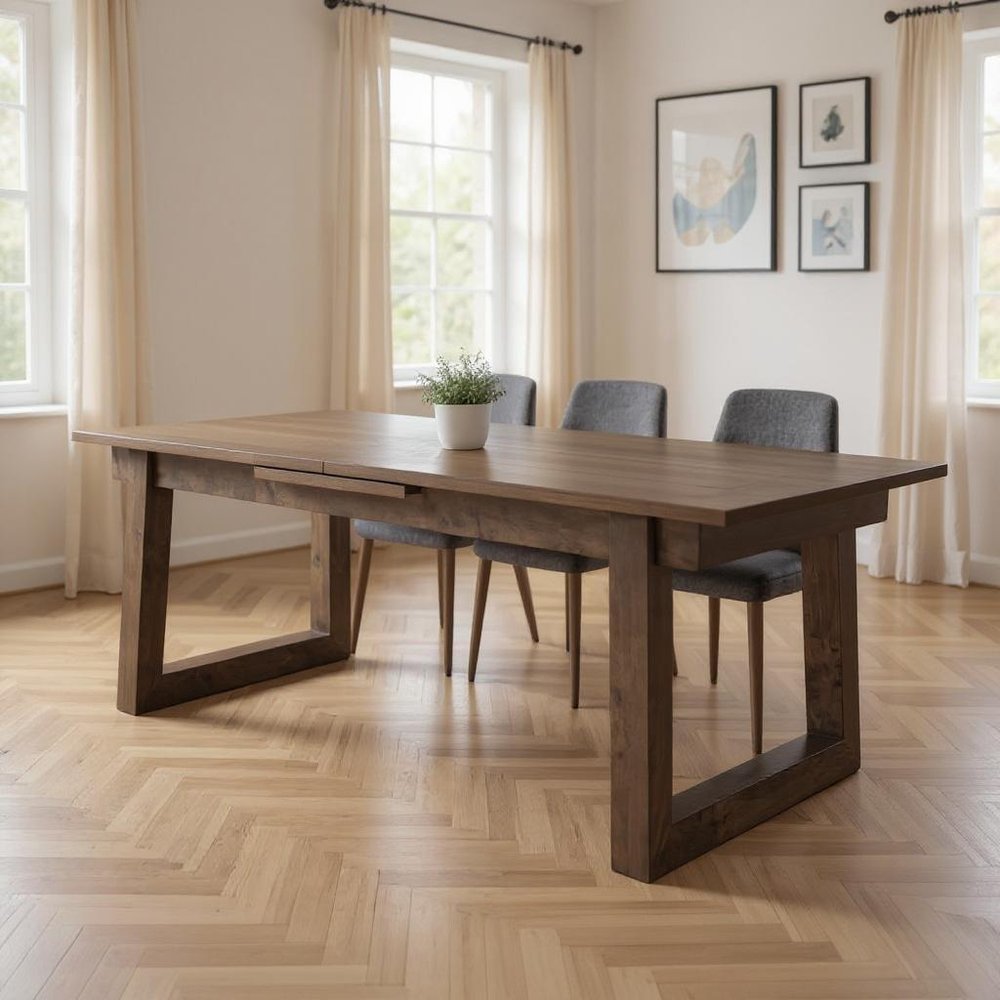 Dark Brown Solid Wood Self-Storing Leaf Sled Base Extendable Dining Table
