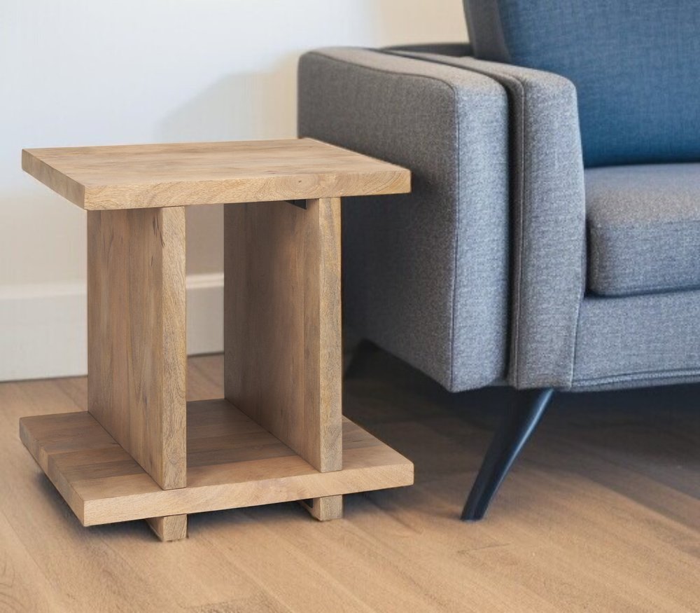 Brown Solid Wood Sled End Table with Shelf - 22-inch