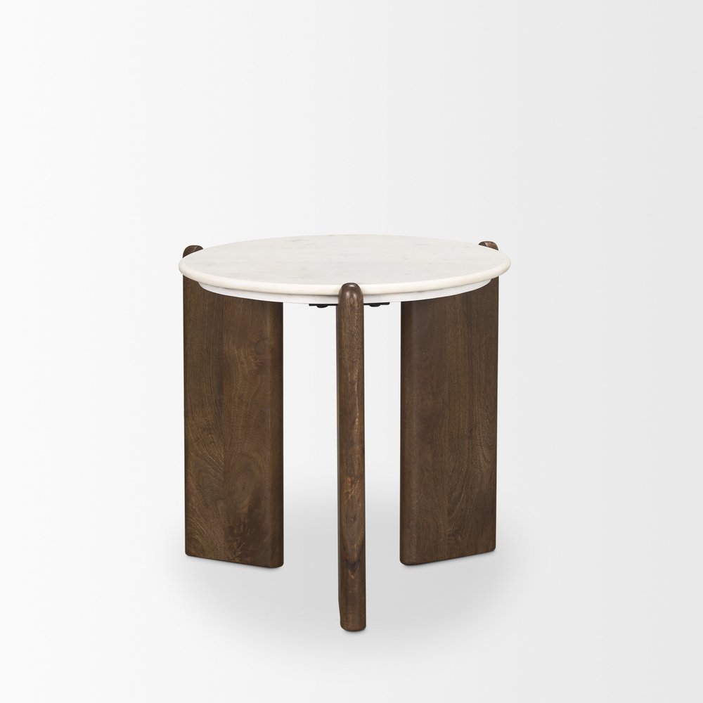 White and Brown Marble and Solid Wood End Table - 20-inch