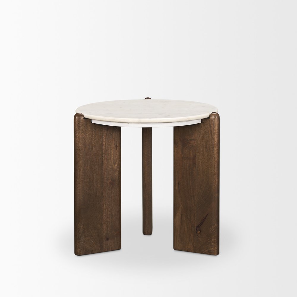 White and Brown Marble and Solid Wood End Table - 20-inch