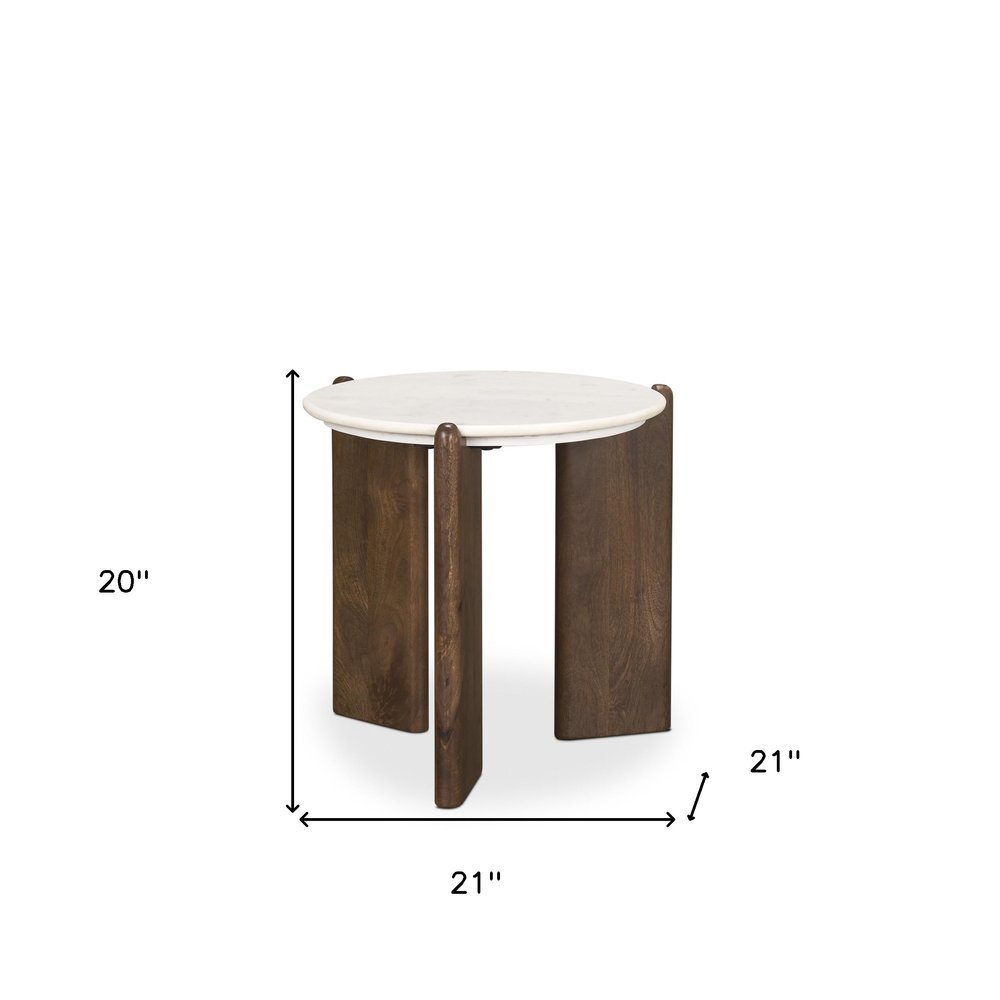 White and Brown Marble and Solid Wood End Table - 20-inch