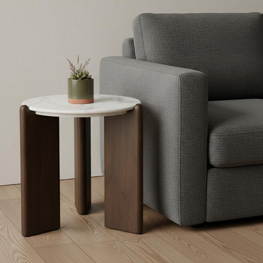 White and Brown Marble and Solid Wood End Table - 20-inch