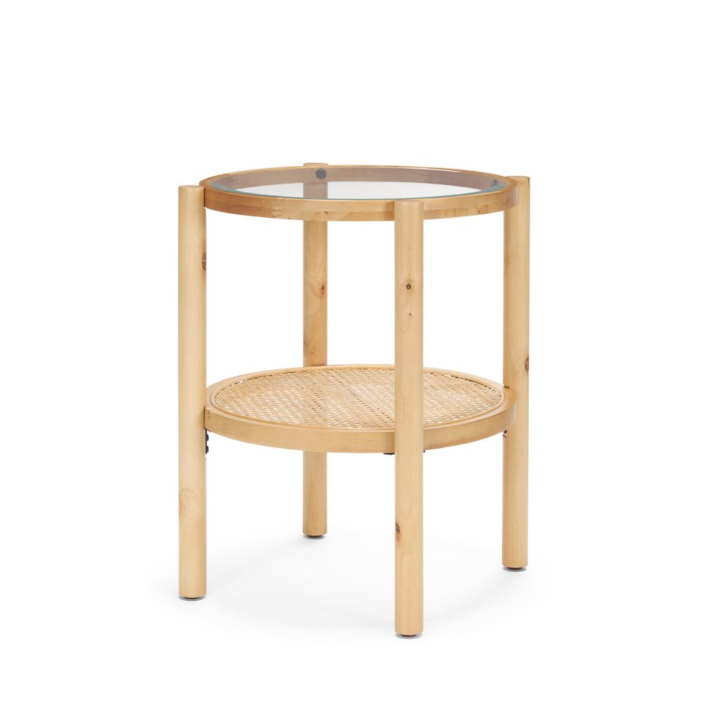 Clear and Light Brown Glass and Solid Wood Round End Table with Shelf