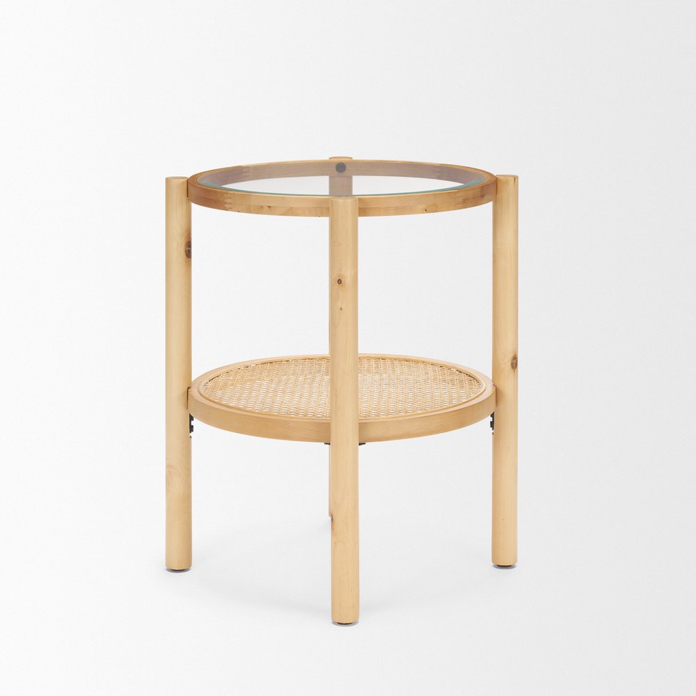 Clear and Light Brown Glass and Solid Wood Round End Table with Shelf