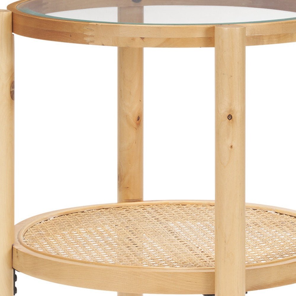 Clear and Light Brown Glass and Solid Wood Round End Table with Shelf